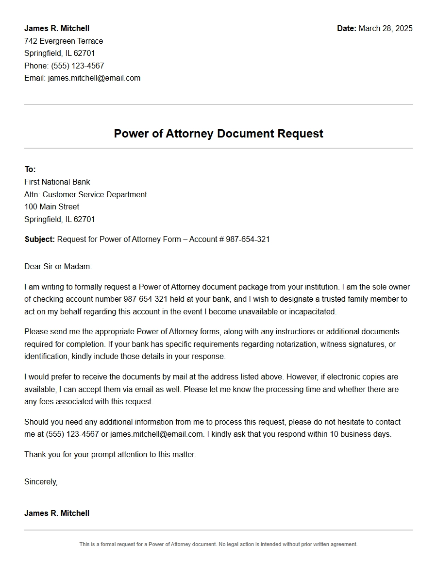 Power of Attorney Document Request Letter