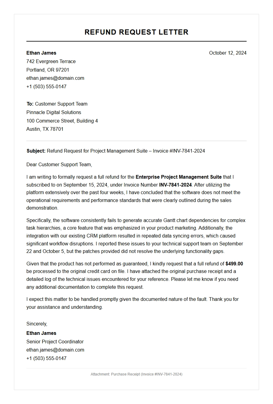 Refund Request Letter for Dissatisfaction