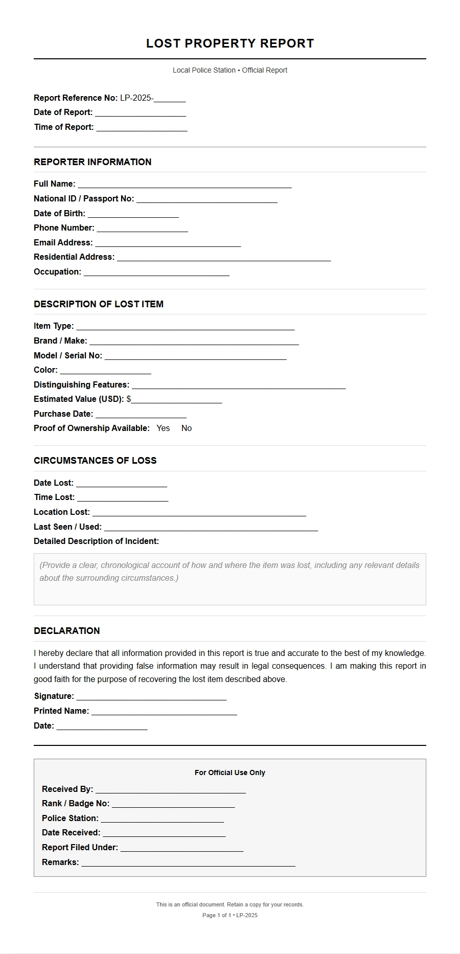 Sample Letter Reporting a Lost Item to Police