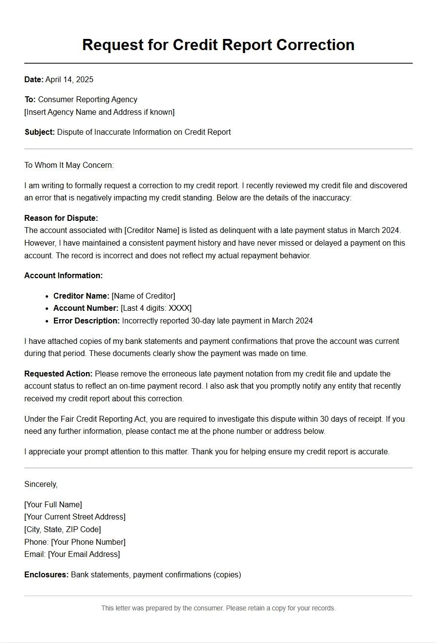 Request a Credit Report Correction: Personal Letter