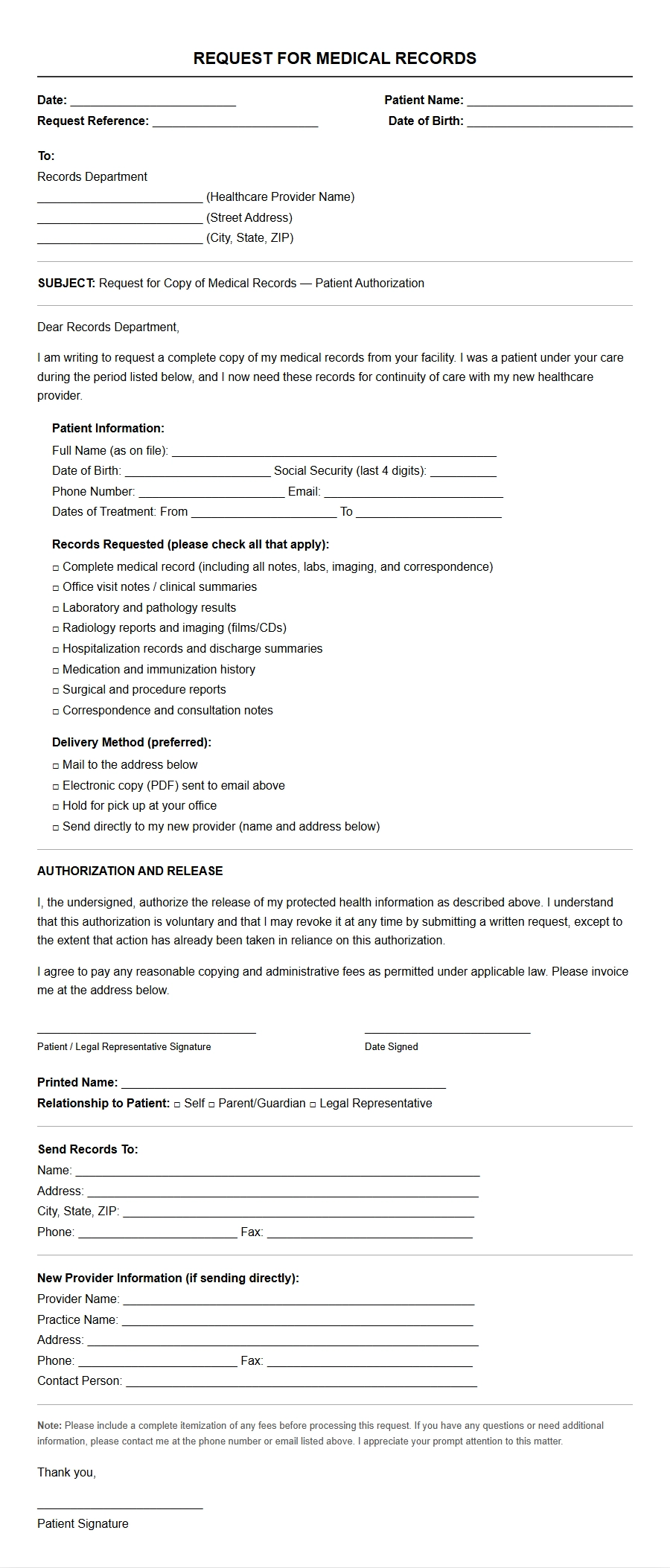 Request for Medical Records from Previous Provider