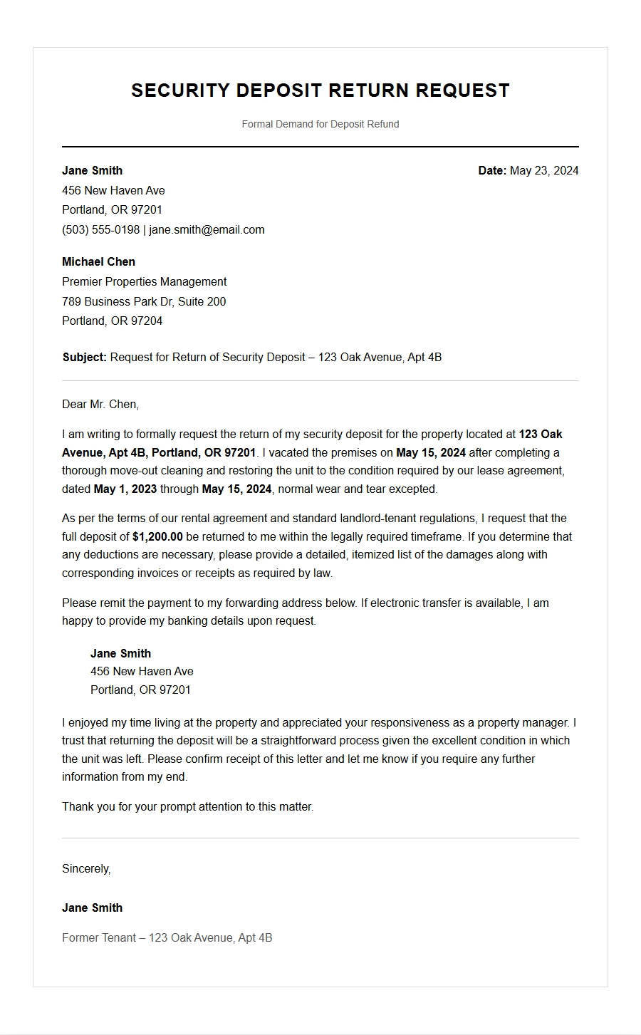 returning security deposit request letter example - Personal Letters