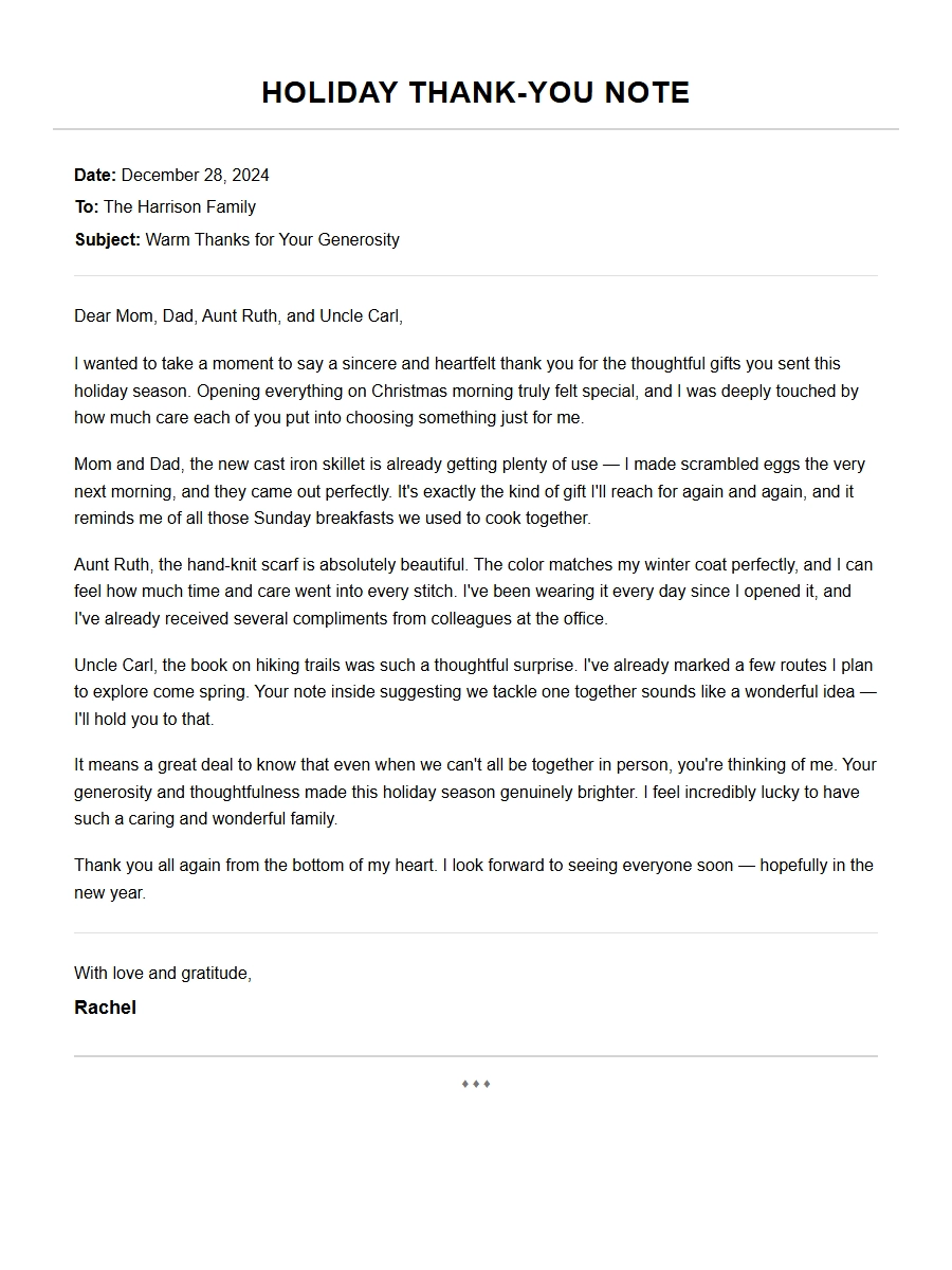 Thank You Letter Examples for Family Holiday Gifts