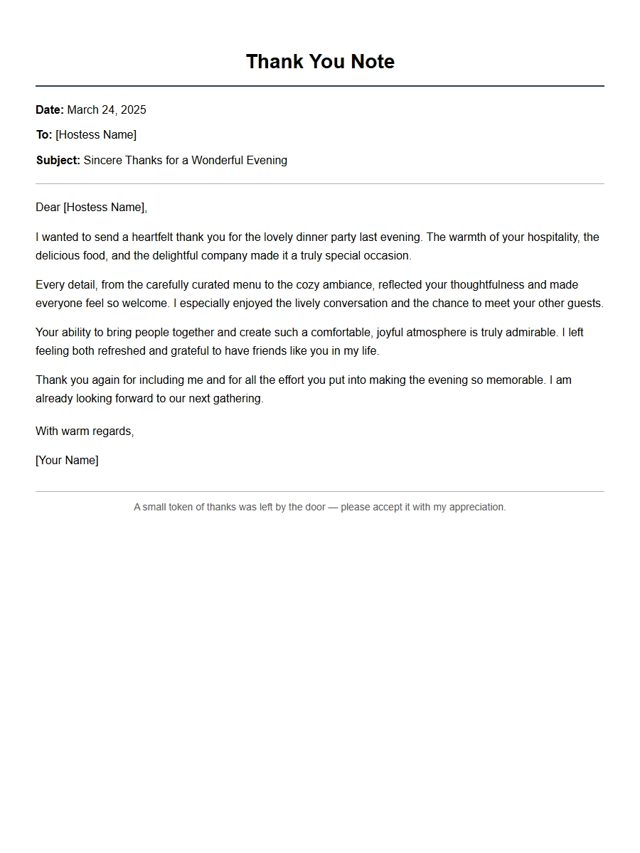 Thank You Note for Hostess Dinner Party Visit