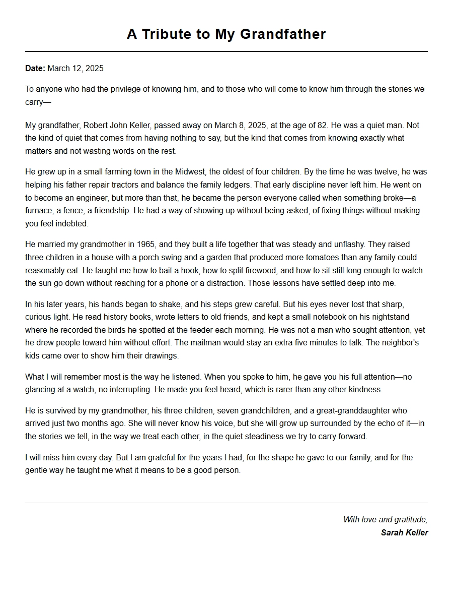 Sample Tribute Letter for a Deceased Relative