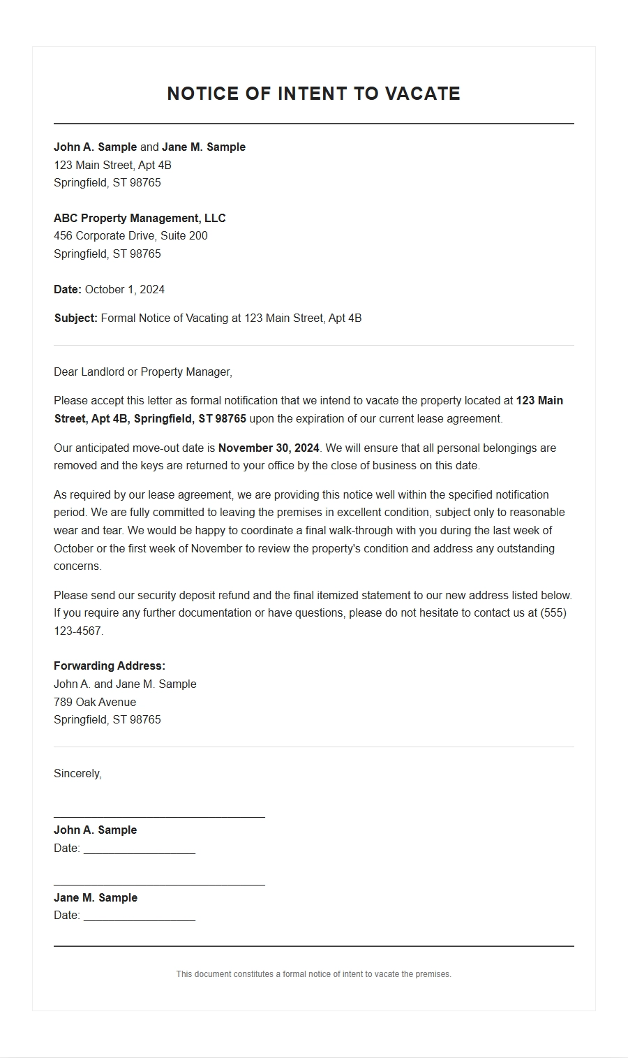 Notice of Intent to Vacate at Lease End
