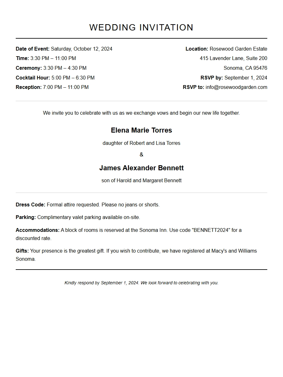 Wedding Invitation Details on a Postcard Example