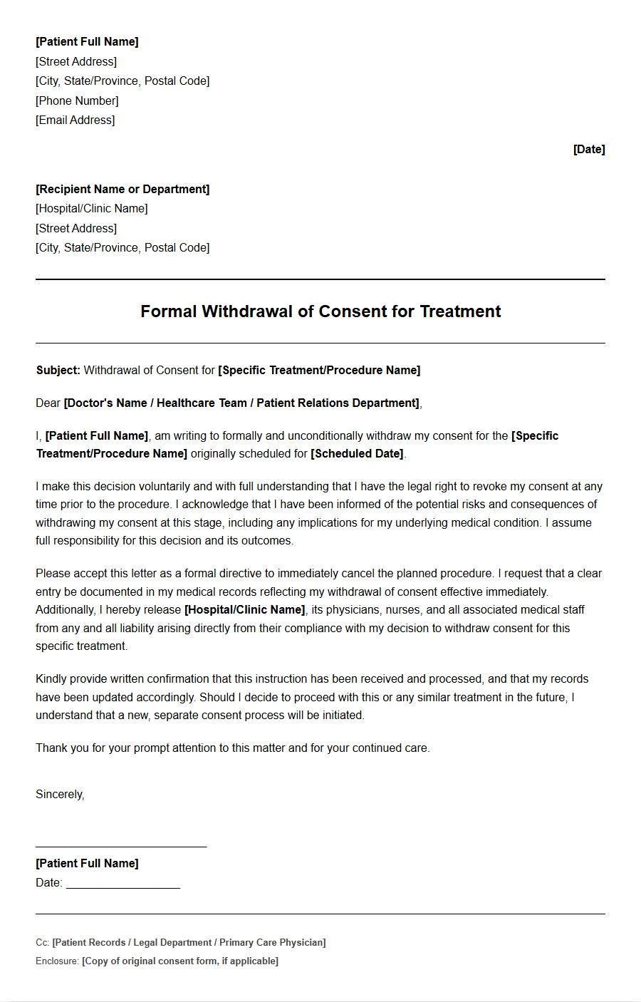 Withdrawing Consent for Treatment Letter