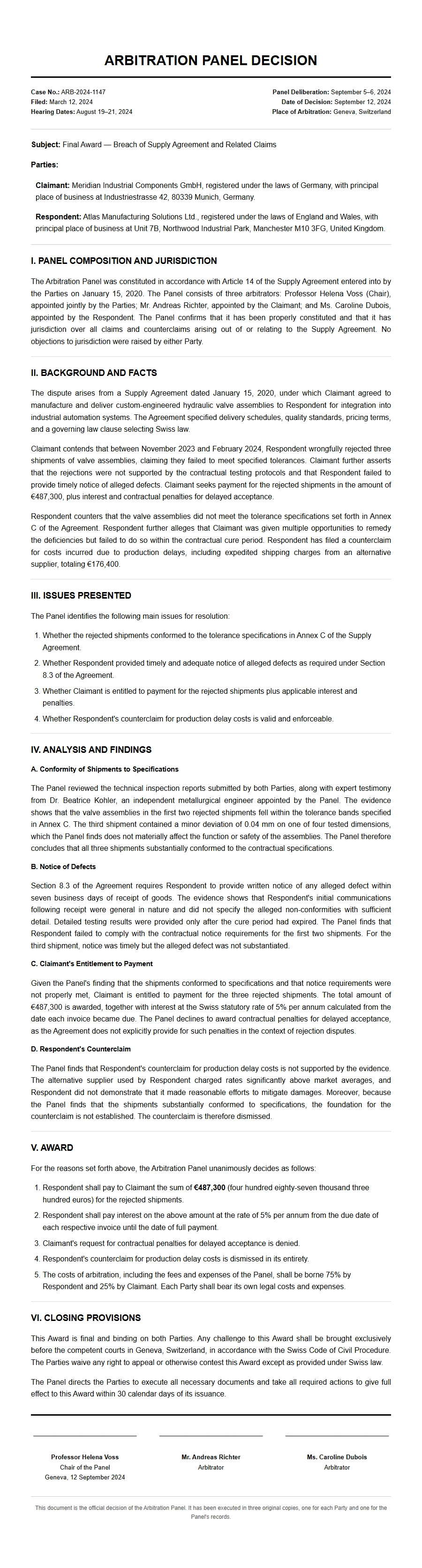 Arbitration Panel Decision Support Letter