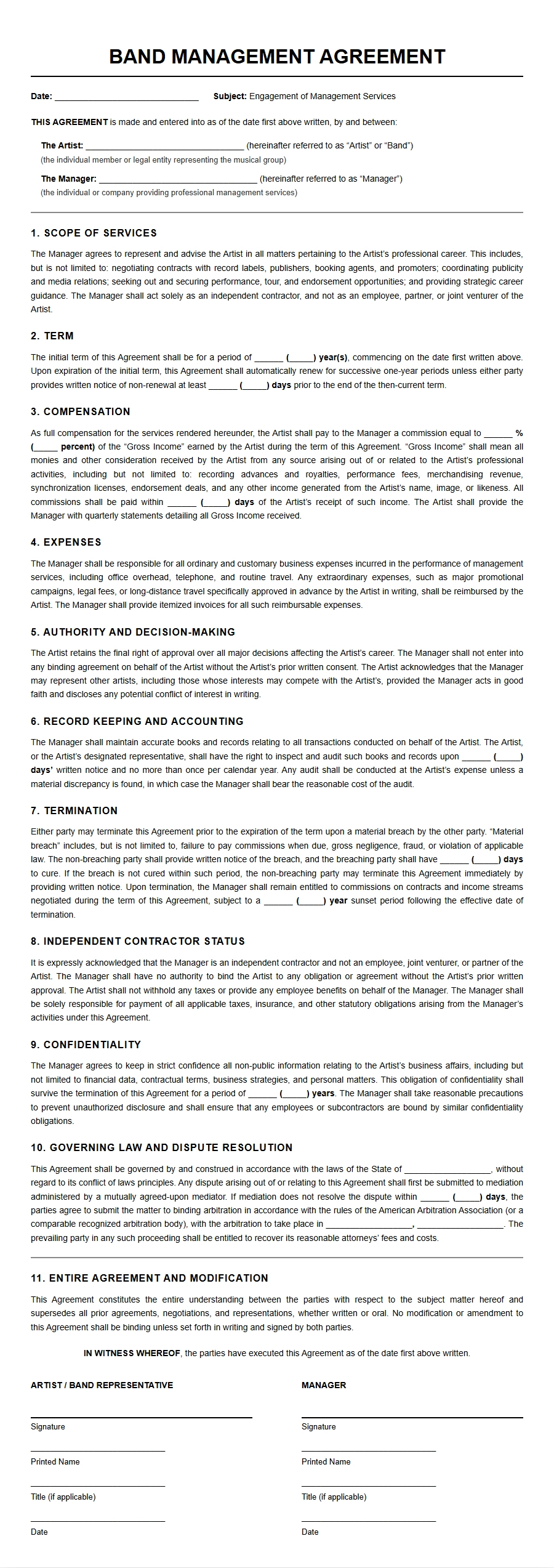 Recommendation Letters for Band Manager Contracts