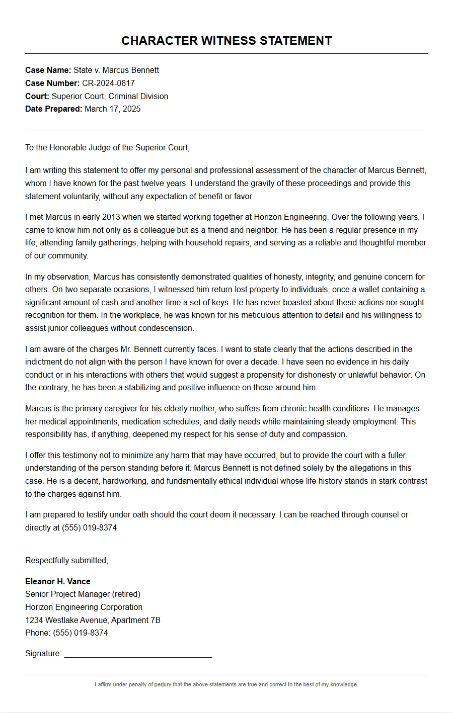 Character Witness Letter for Criminal Trial