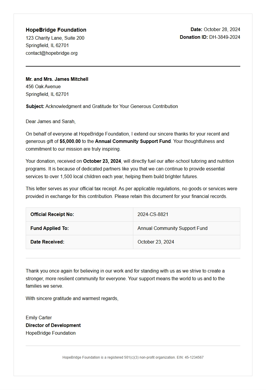 Sample Donor Acknowledgment Letter for Charity Fundraiser