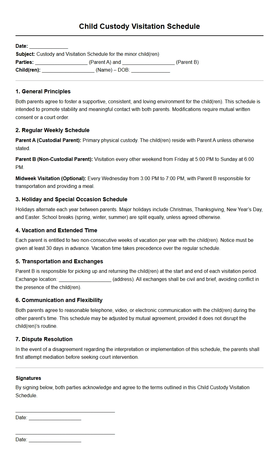Recommendation Letter for Child Custody Visitation Schedule