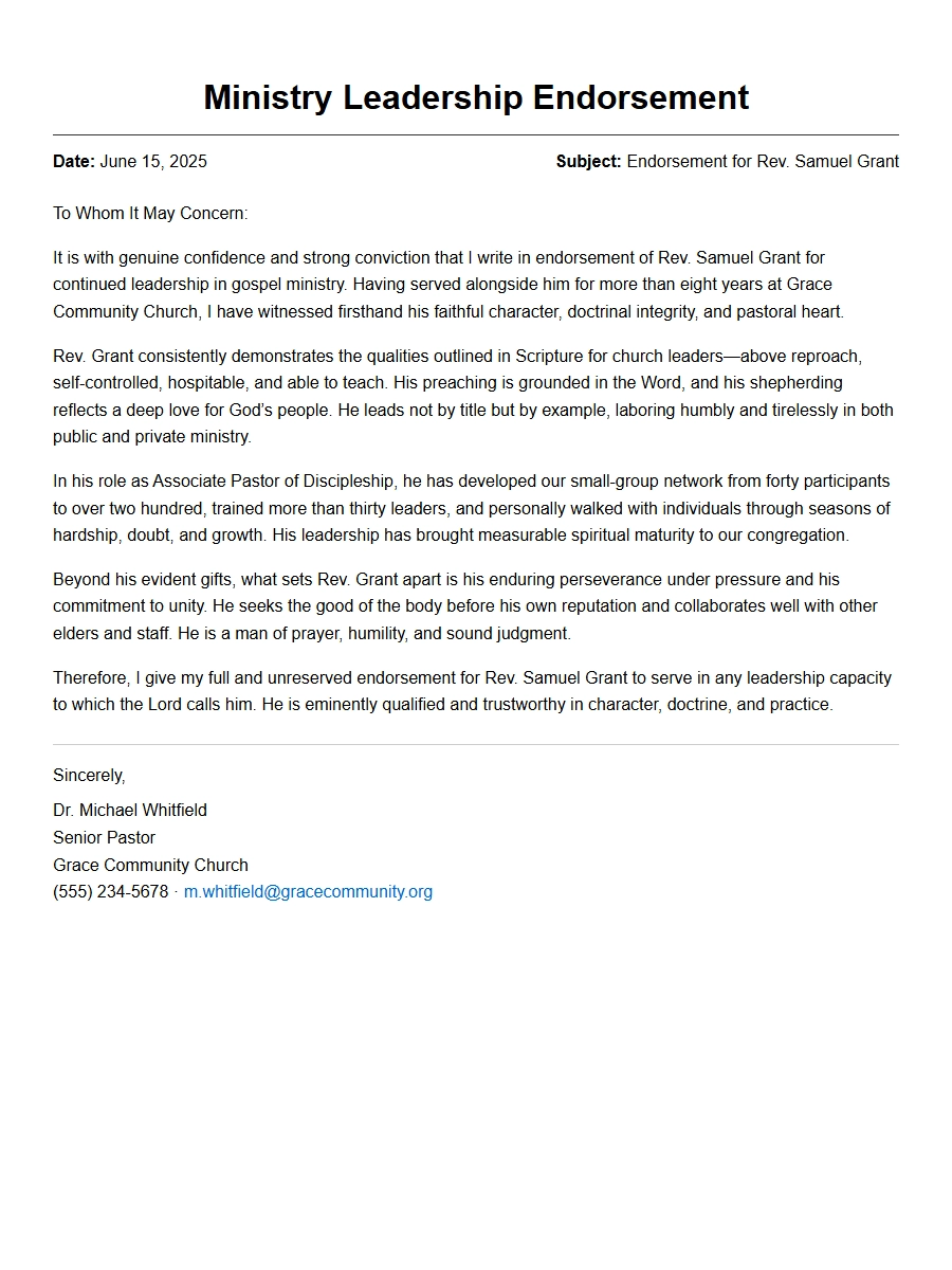Church Ministry Leadership Recommendation Letter