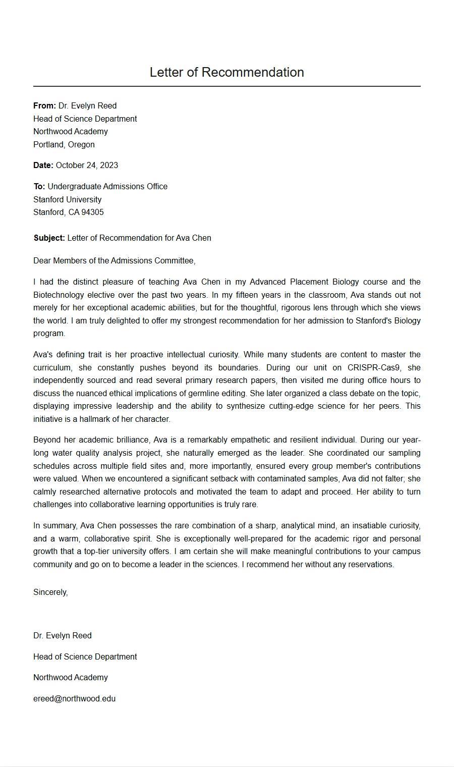 college application recommendation letter example - Recommendation Letters