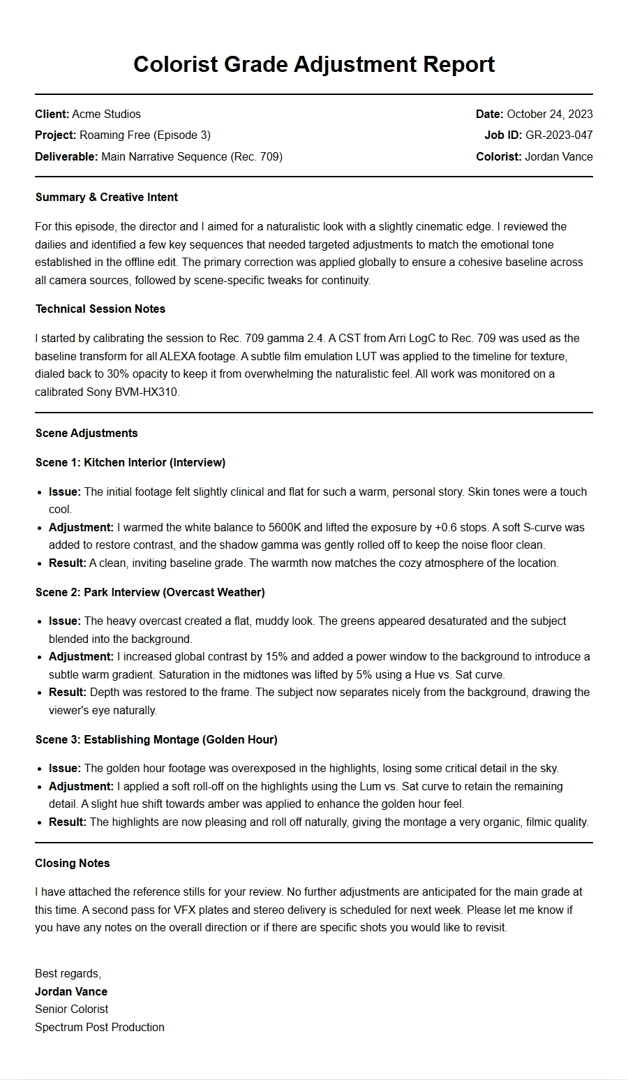 Recommendation for Colorist Grade Adjustment Report