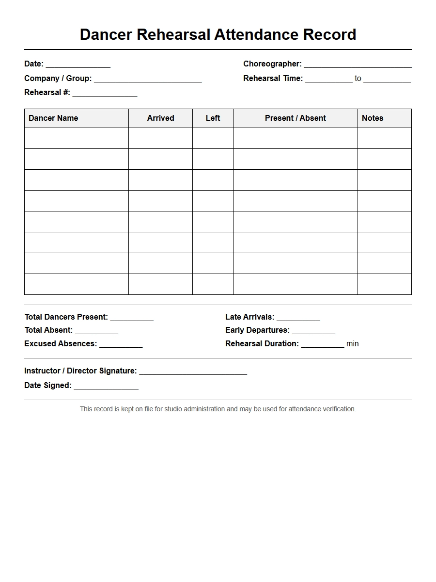 Recommendation Letter for Dancer Attendance Record