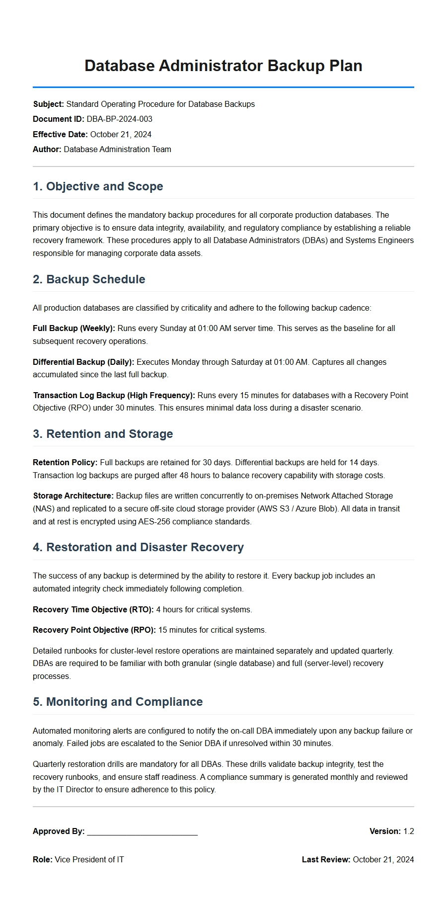Sample Database Administrator Backup Plan Recommendation Letter