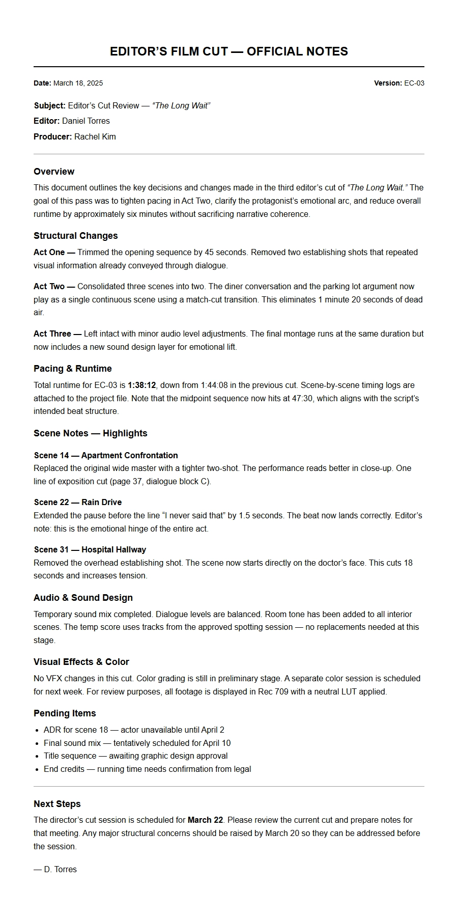 Recommendation Letter for Film Editor Cut