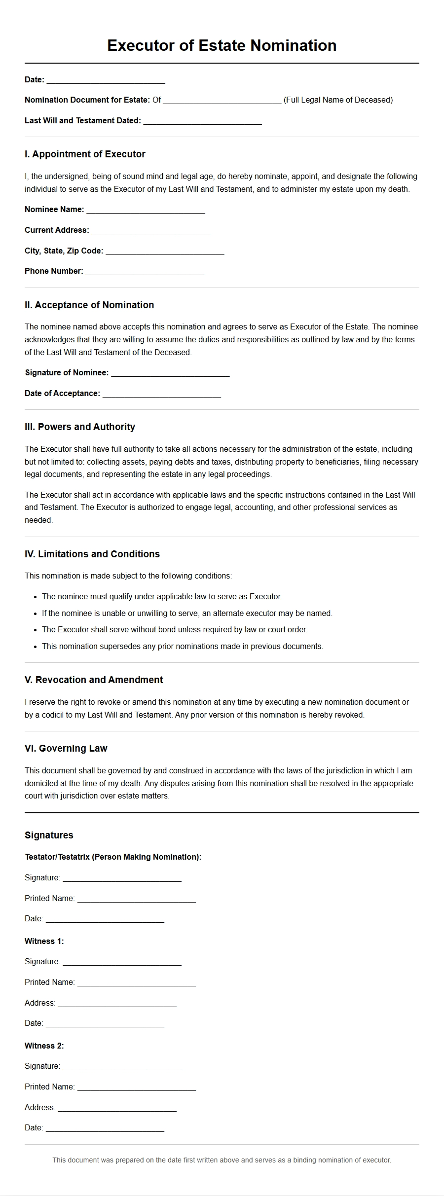 Executor of Estate Nomination Letter Sample