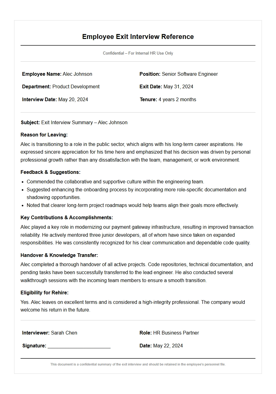 Exit Interview Reference for Former Employee