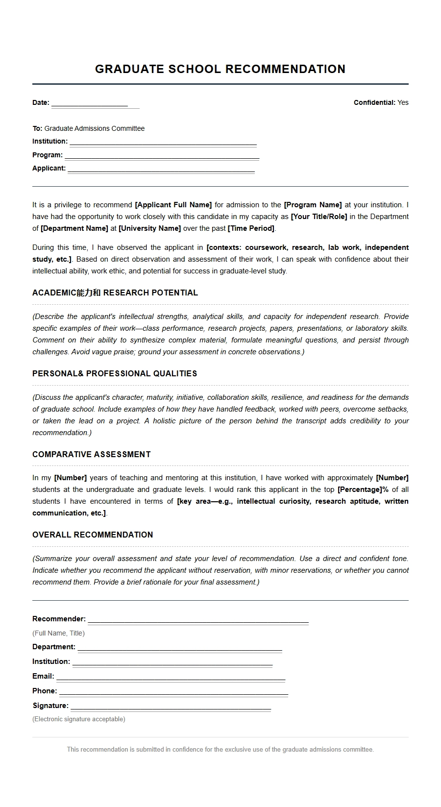 Format for Graduate School Faculty Recommendation Letters