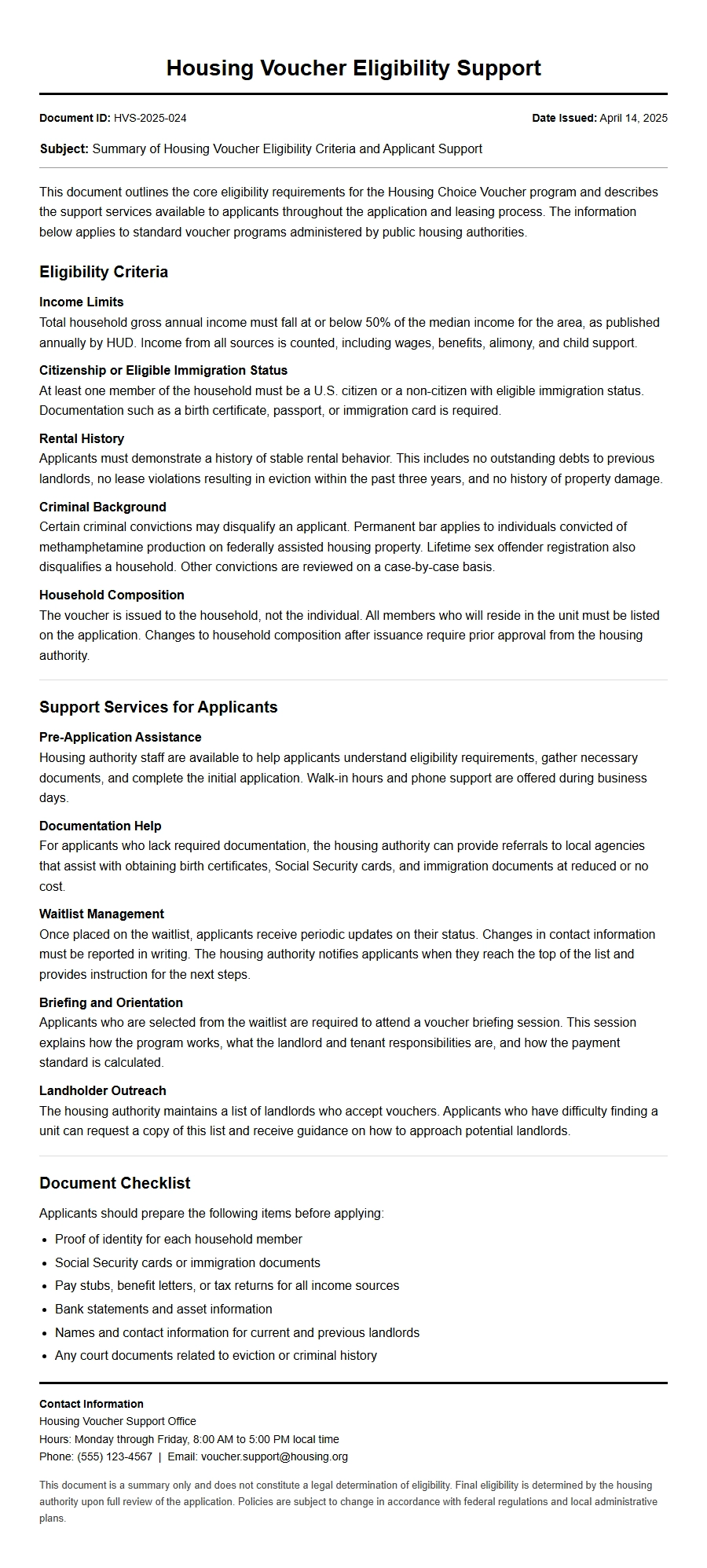Recommendation Letters for Housing Voucher Eligibility