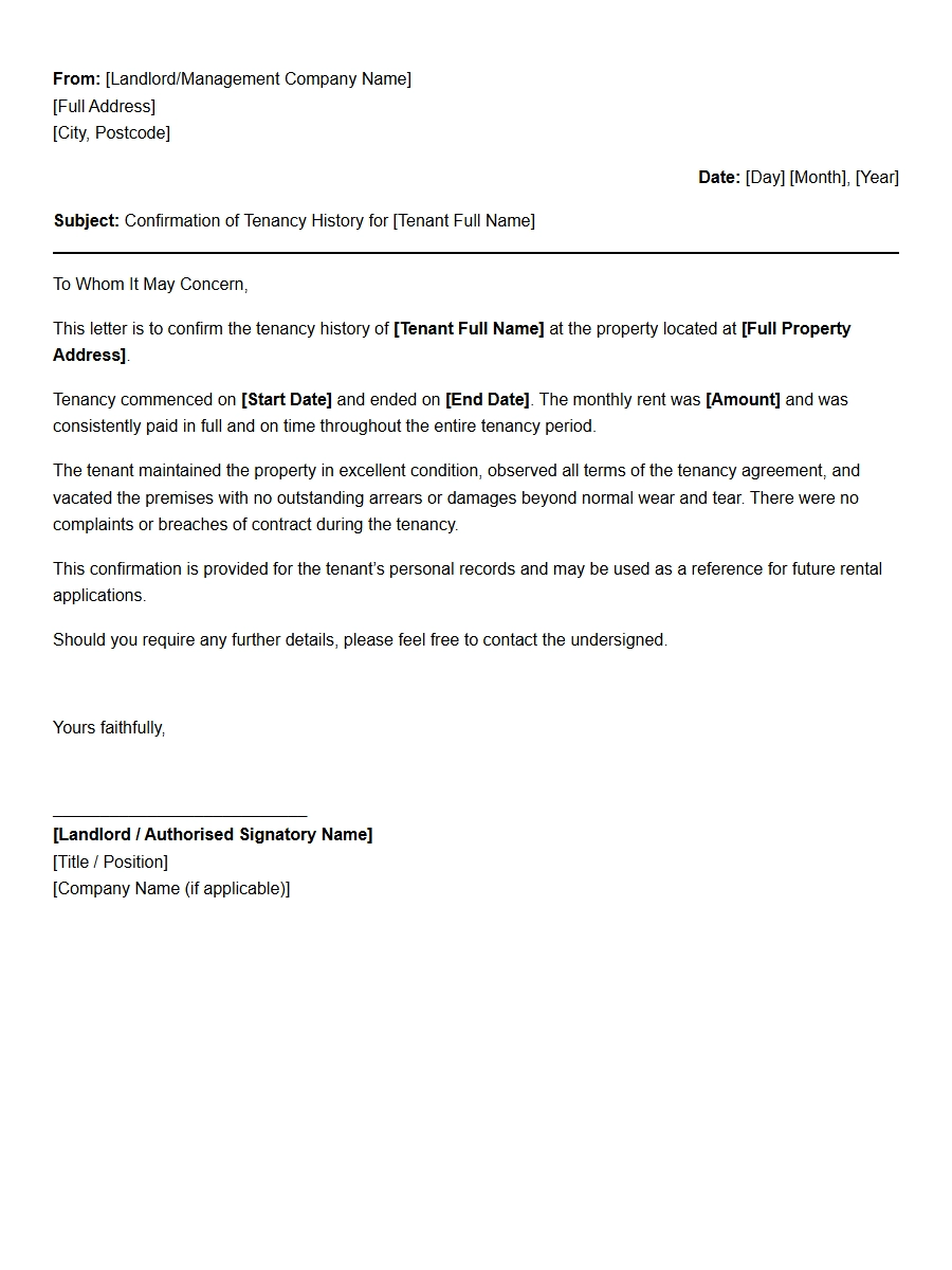 Landlord Tenancy History Confirmation Letter
