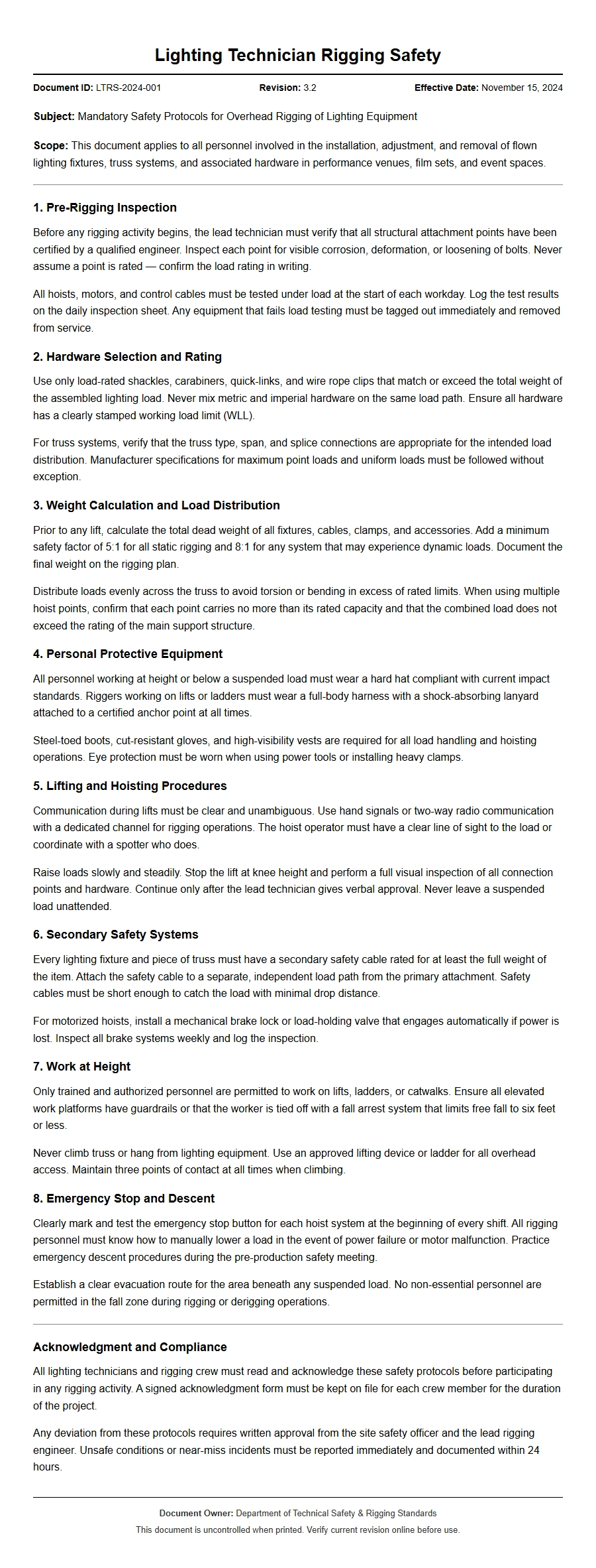 Recommendation for Lighting Technician Rigging Safety