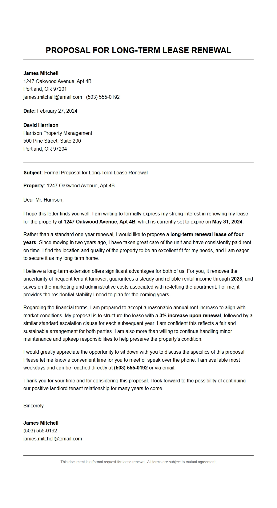 Sample Long Term Lease Renewal Request Letter