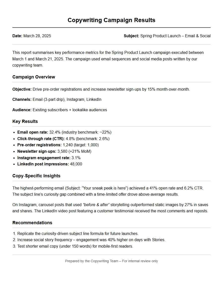 Recommendation Letter for Marketing Copywriter Campaign Results