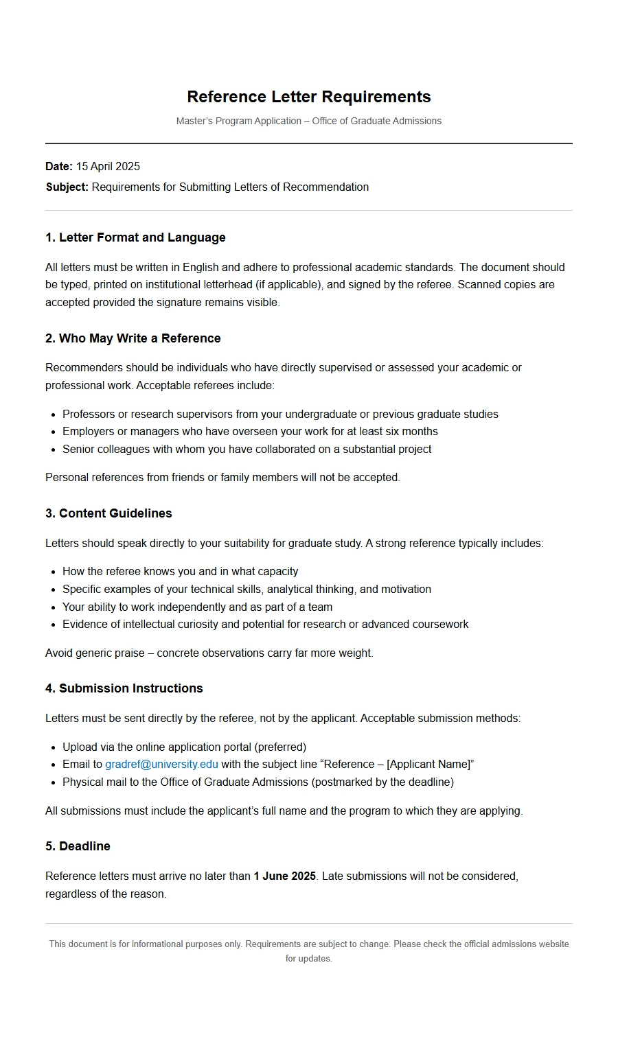 Master's Program Reference Letter Requirements
