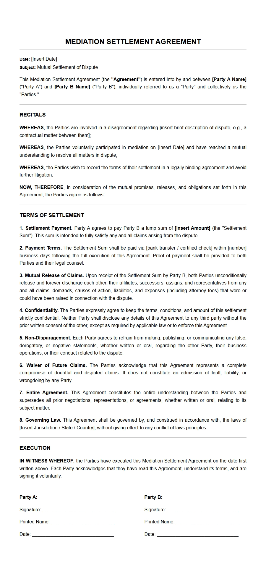 Key Mediation Settlement Agreement Terms