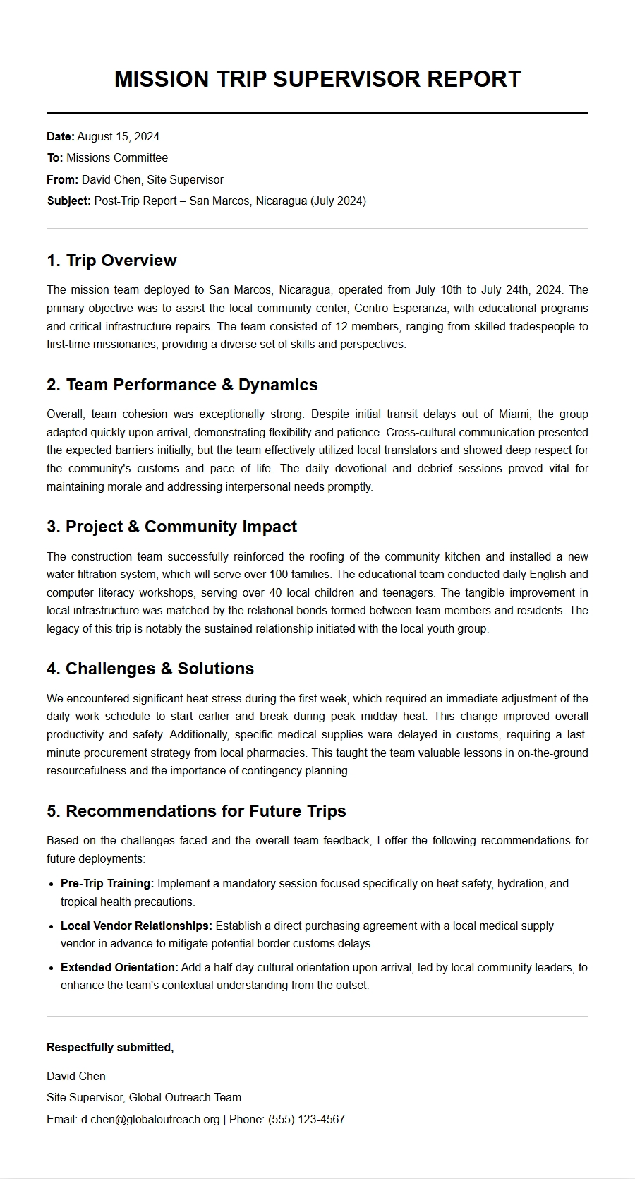 mission trip supervisor report - Recommendation Letters