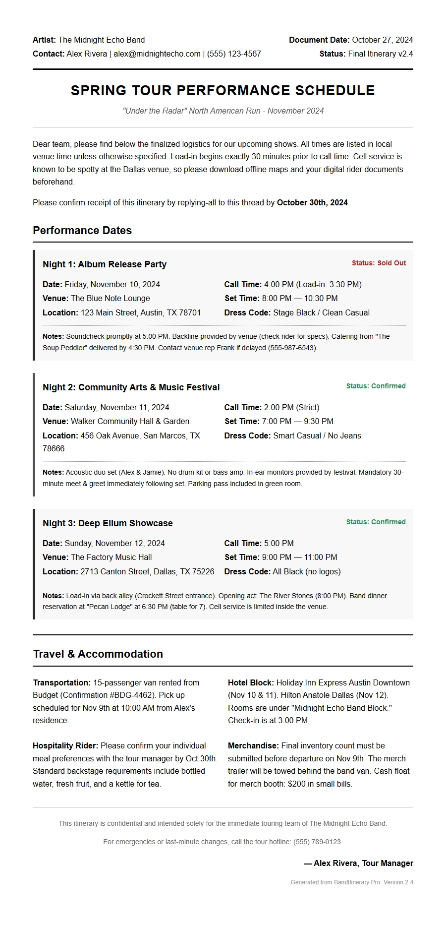 Recommendation Letter for Gig Performance Schedule