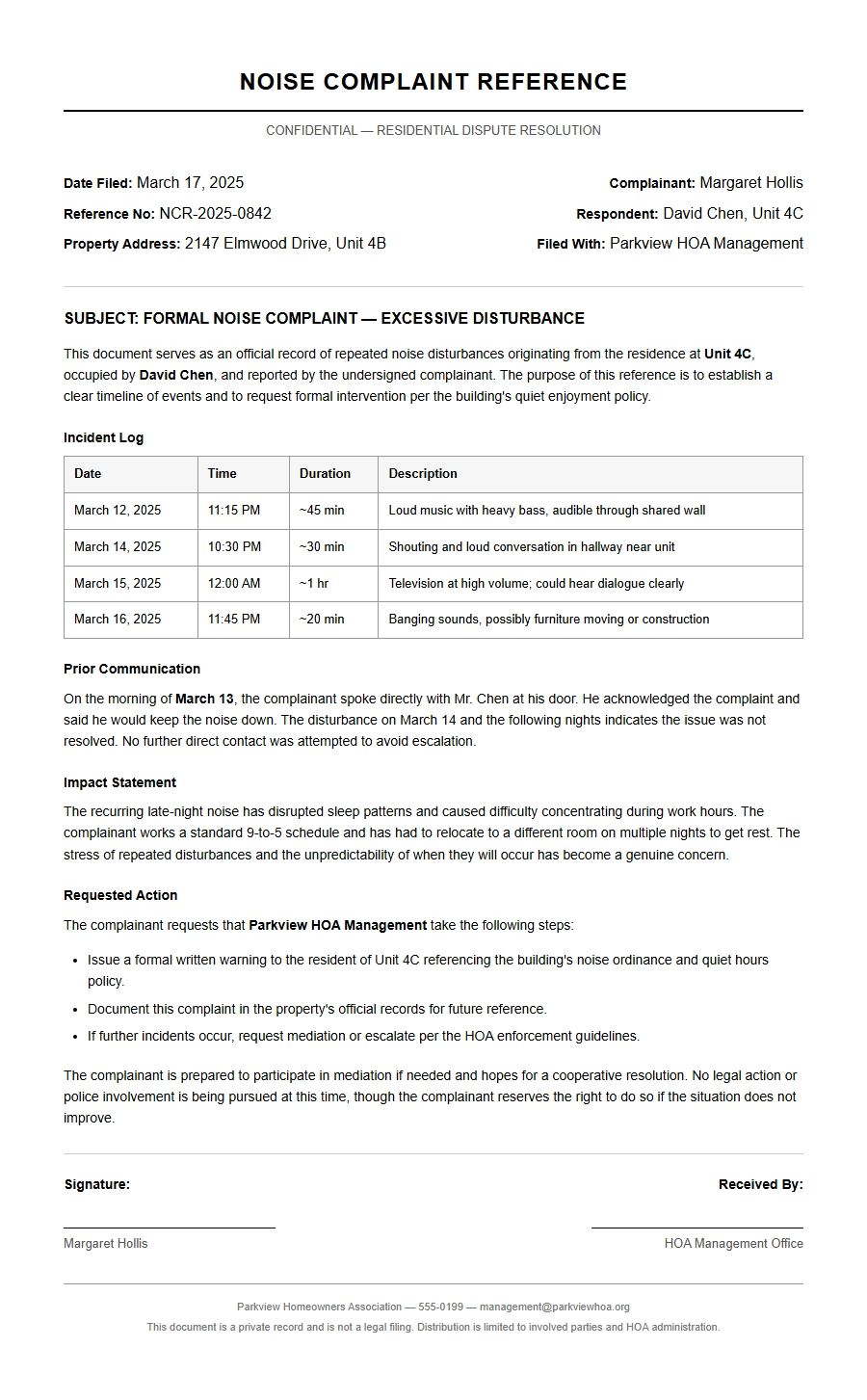 Sample Reference Letter for Neighbor Noise Complaint