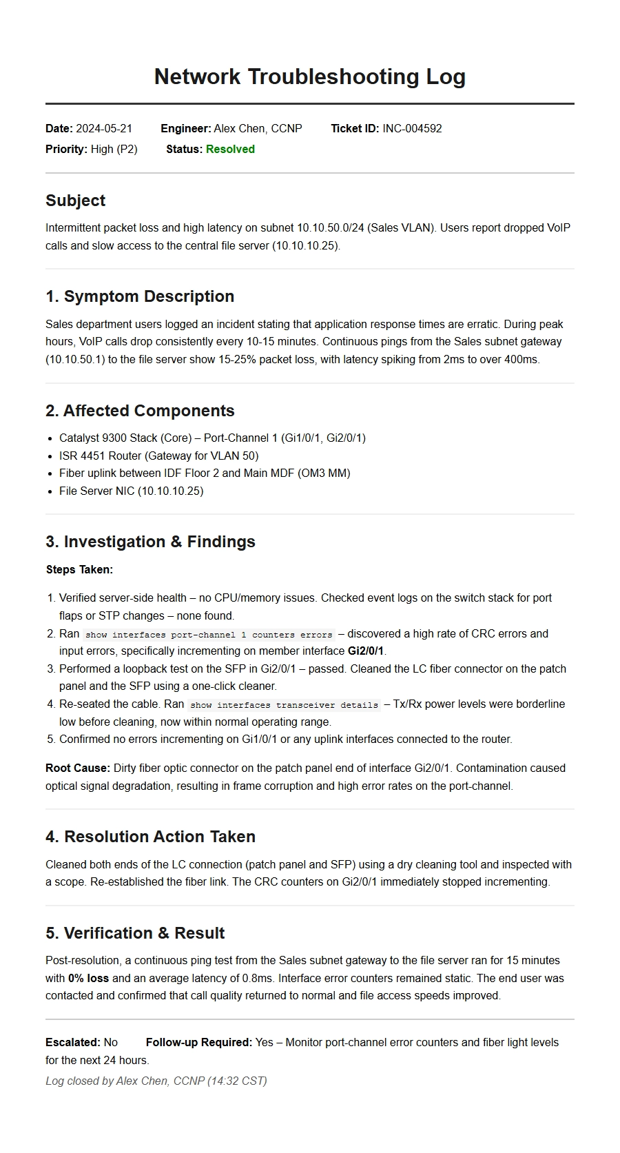 Recommendation: Network Engineer Troubleshooting Log