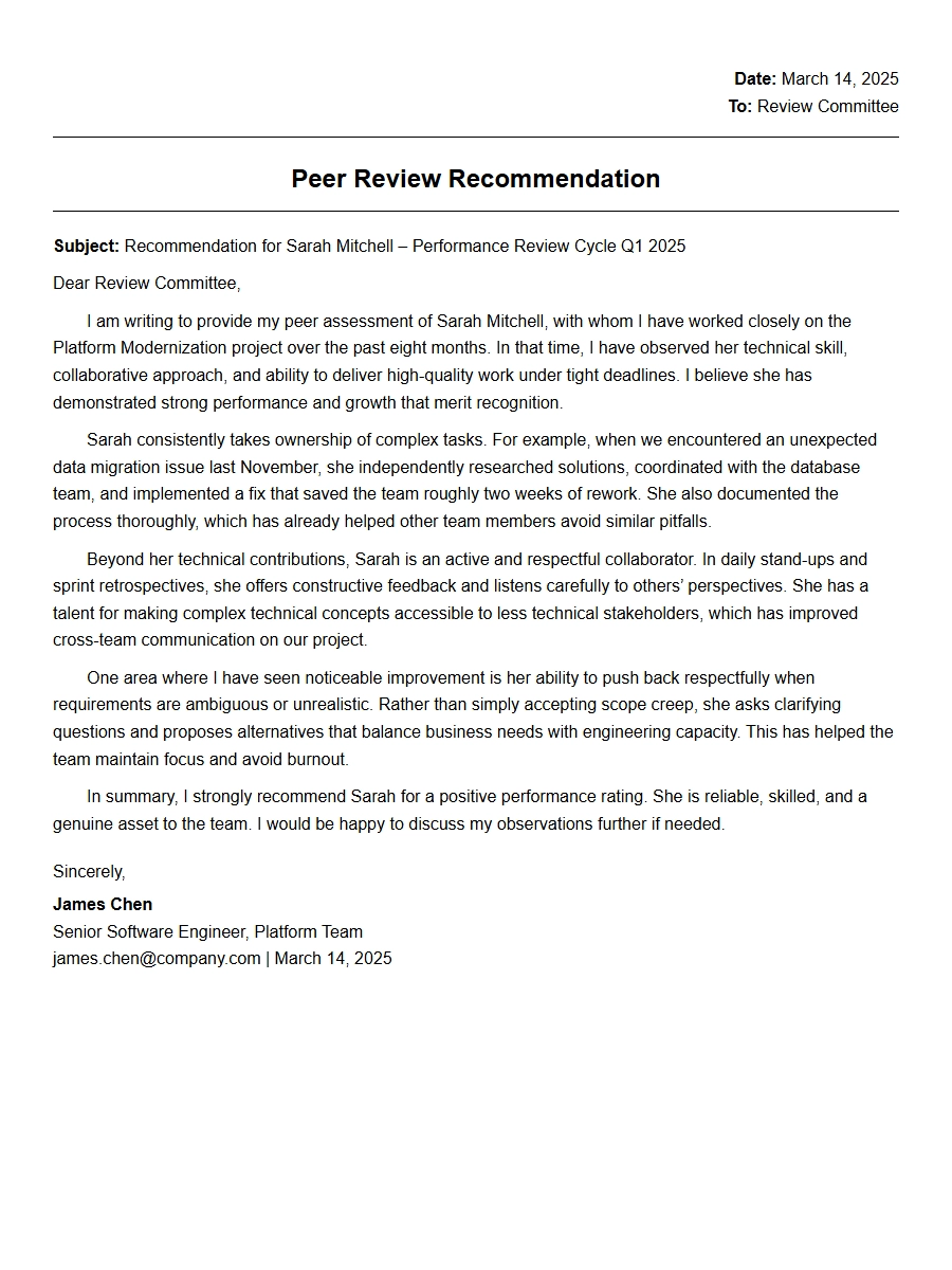 Peer Review Recommendation Letter for a Colleague