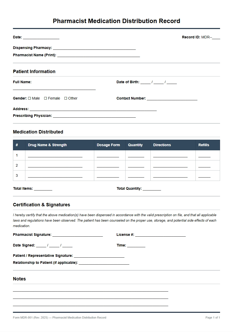 Recommendation Letter for Pharmacist's Distribution Record