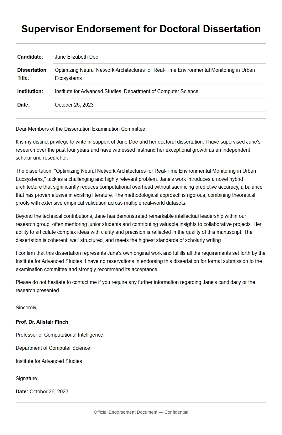 Sample PhD Supervisor Endorsement Letter