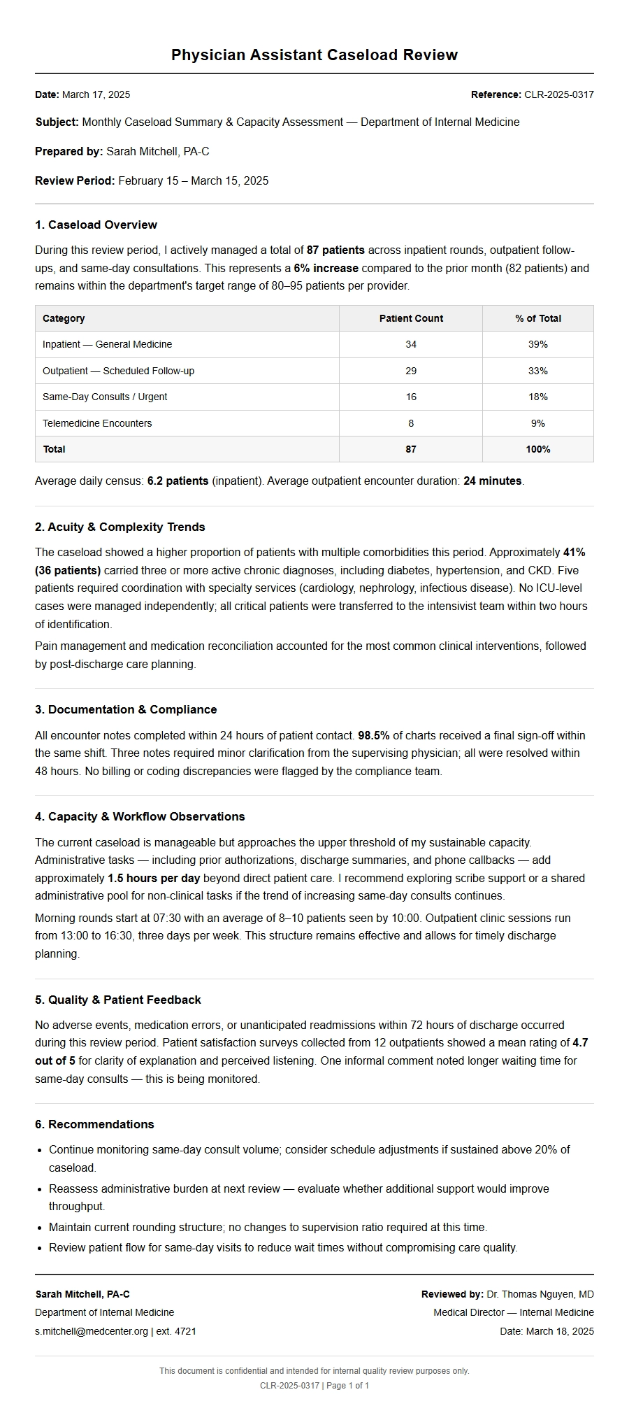 Recommendation Letter for Physician Assistant Caseload Review