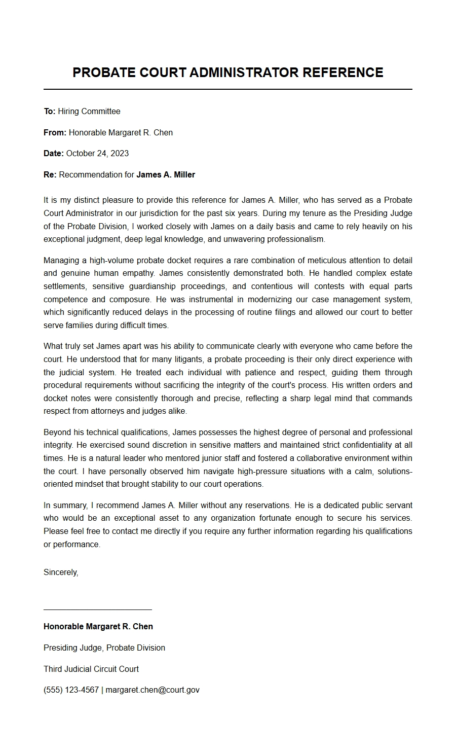 Probate Court Administrator Recommendation Letter