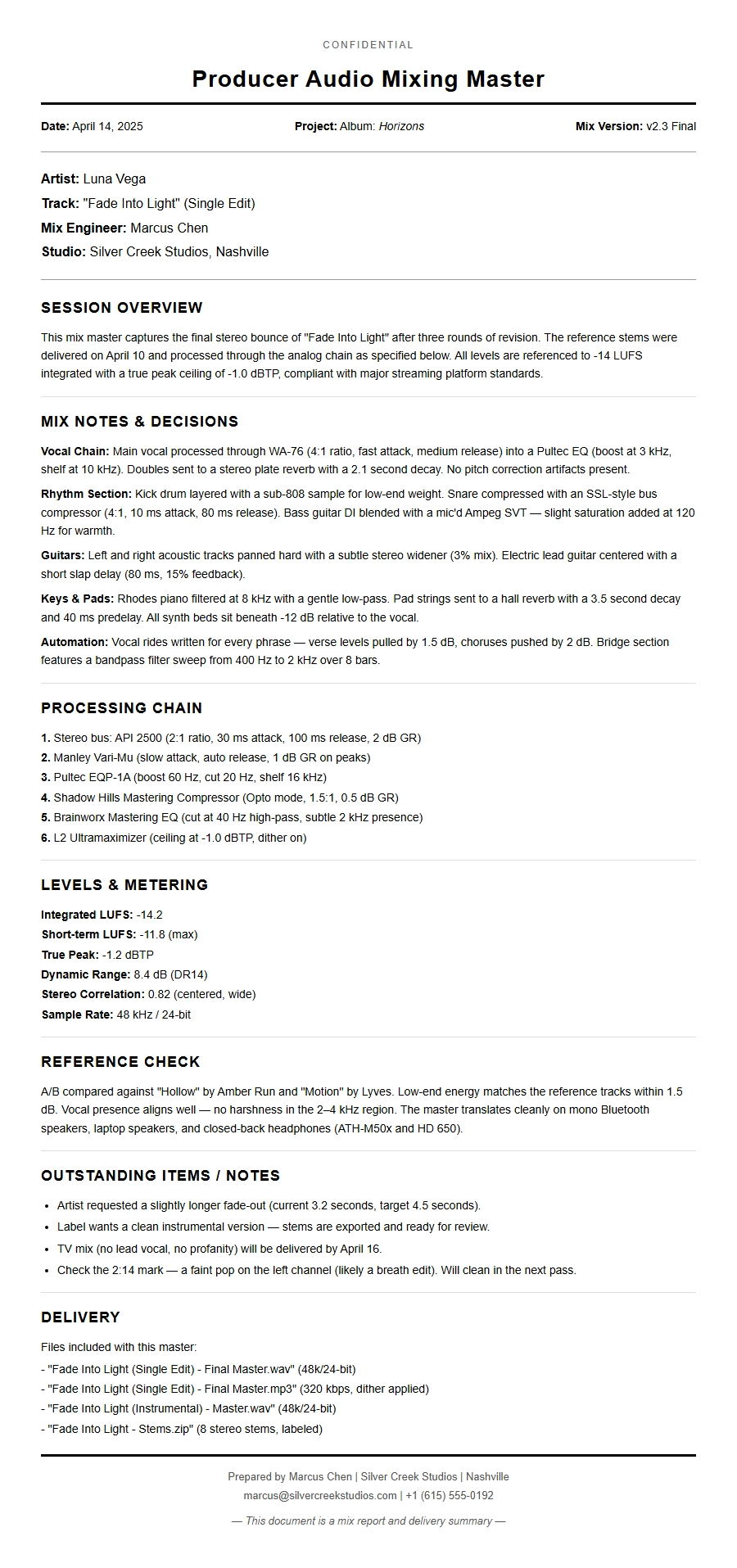 Recommendation Letter for Audio Mixing Master Producer
