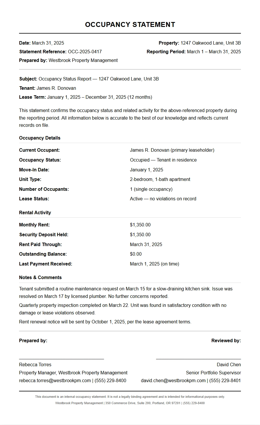 property manager occupancy statement - Recommendation Letters