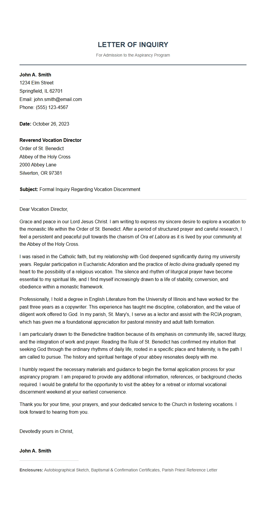 Recommendation Letter for Religious Vocation