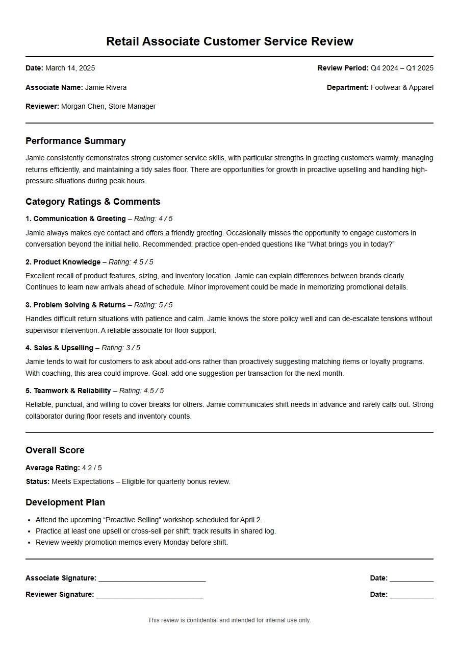 Retail Associate Customer Service Recommendation Letter