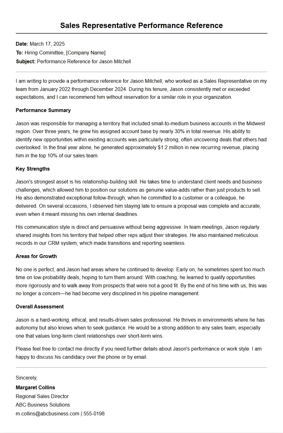 Sales Representative Performance Reference Letter