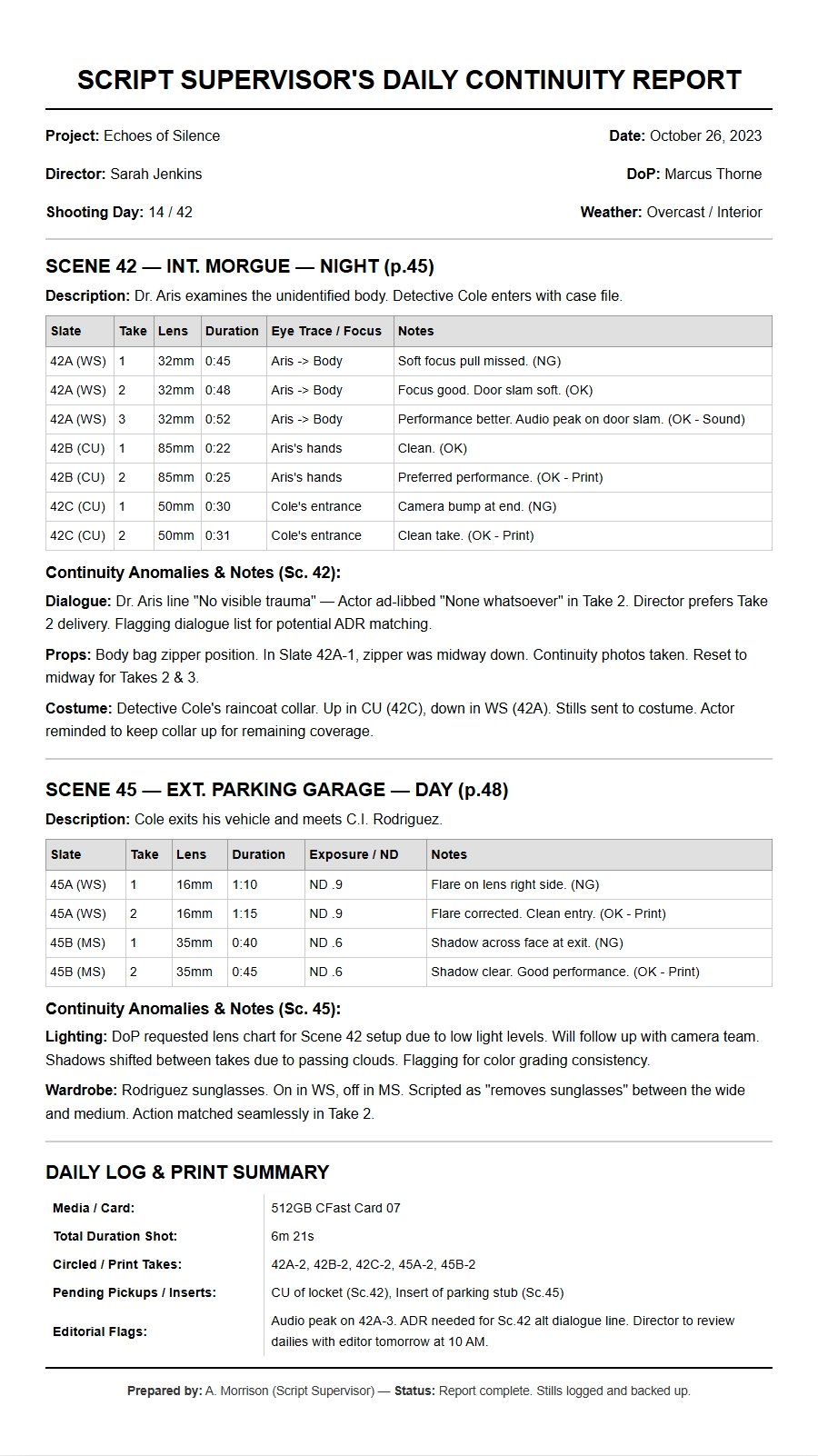 Recommendation Letter: Script Supervisor Continuity Notes