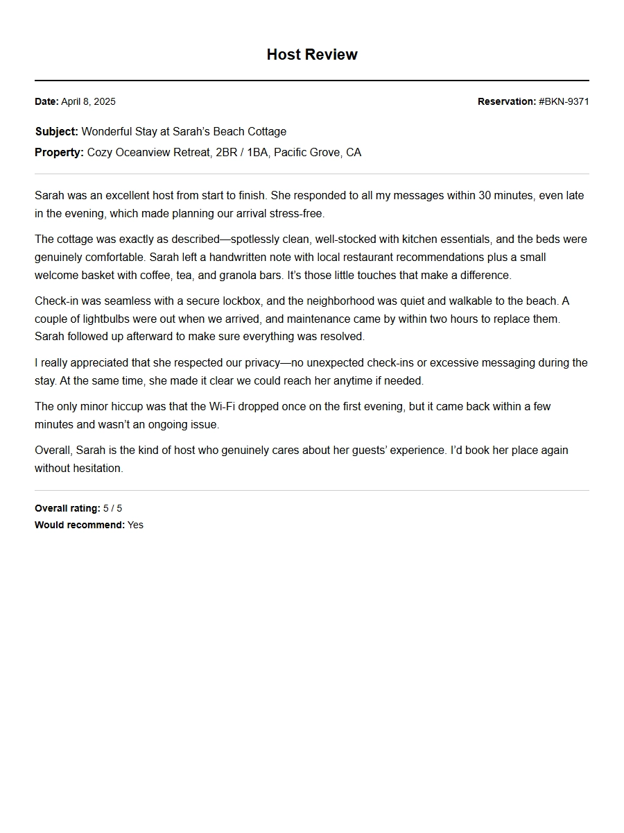 Recommendation Letter for Short Term Rental Host