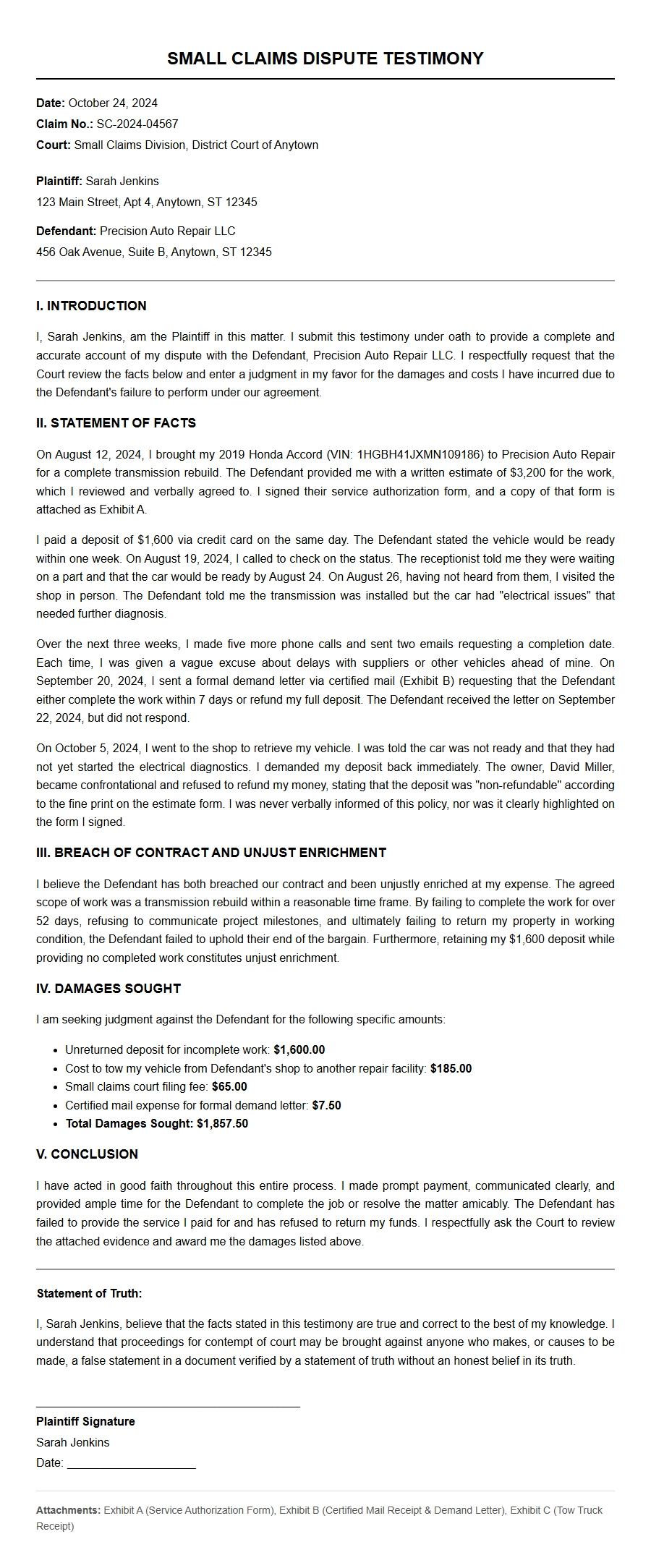 Recommendation Letter for Small Claims Testimony